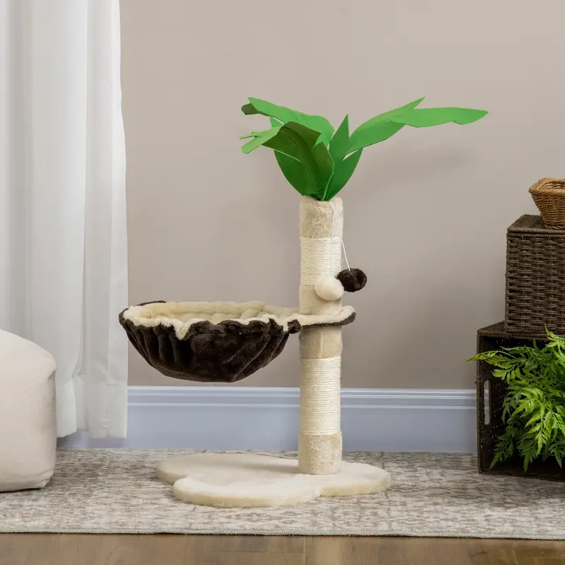 PawHut 68 cm Palm-Themed Cat Tree with Integrated Hammock