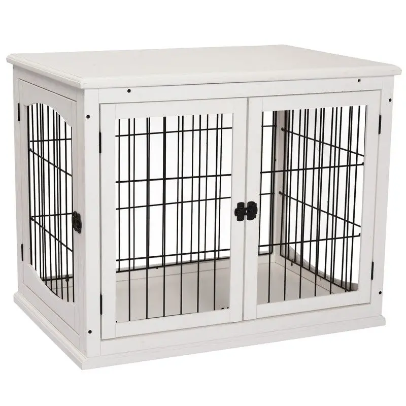 Pawhut Compact White MDF Indoor Pet Cage – 3-Door Design