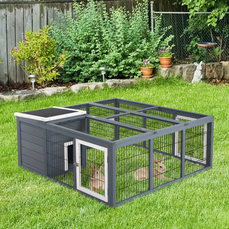 PawHut Dual-Zone Rabbit Hutch – Wooden Small Animal House with Detachable Run and Roof Access