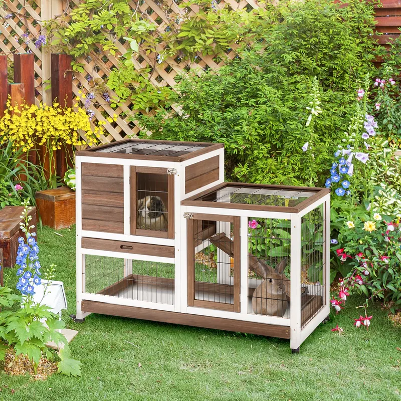 PawHut Enclosed Indoor Rabbit Hutch with Wheels & Detachable Run (110 x 50 x 86 cm)