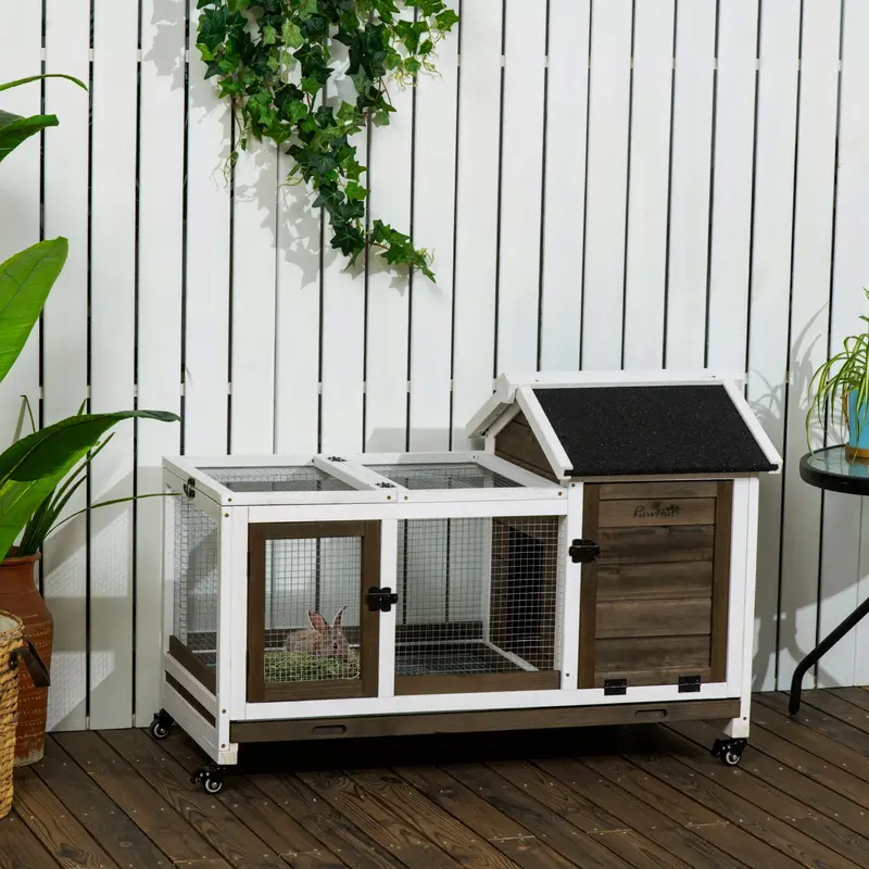 PawHut Mobile Wooden Rabbit Hutch for Outdoor or Indoor Use