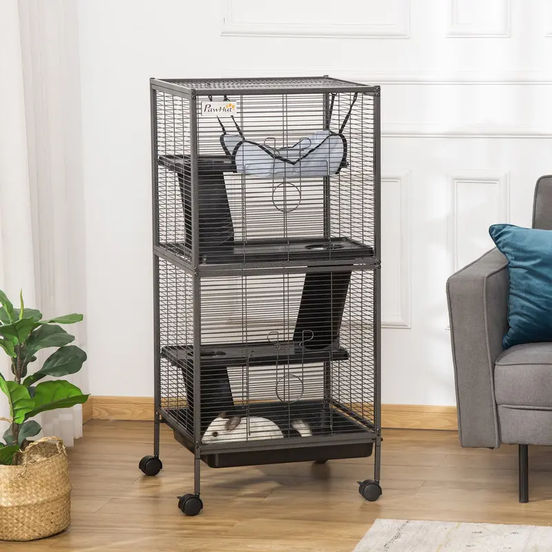 PawHut Multilevel Rolling Small Animal Cage – Silver & Grey Design