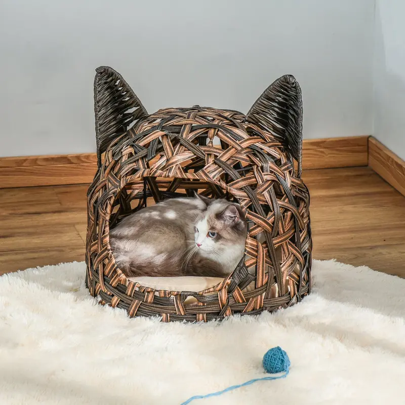 PawHut Rattan-Style Wicker Cat Cave Bed with Cushion – Brown