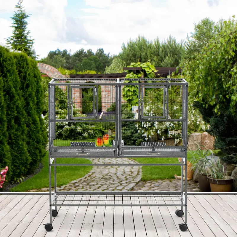 PawHut Wheeled Parrot Cage – 102cm Grey & Black Powder-Coated Aviary with Smooth-Roll Casters