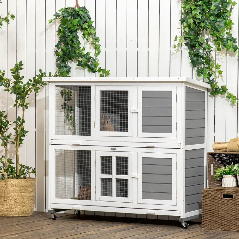 PawHut Wooden Rabbit Hutch with Mobility Wheels for Small Pets