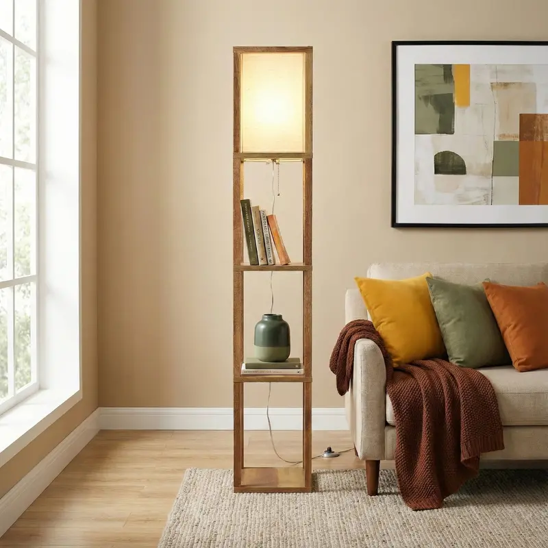 Pinnacle Shelf-Integrated Floor Lamp for Living Spaces – Natural Wood Base & Tall Shade