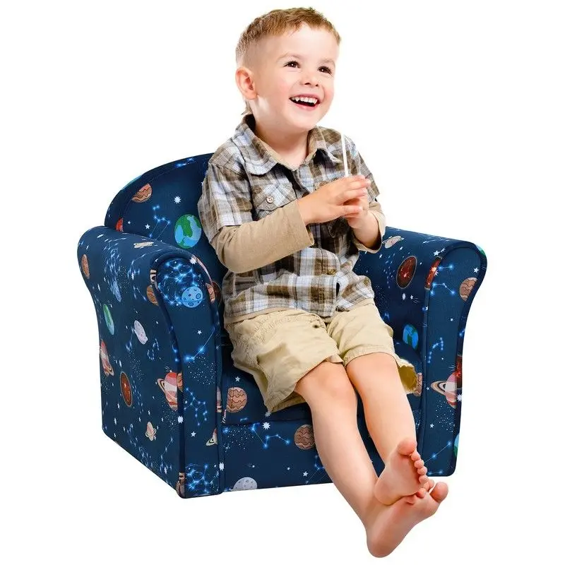 Planet-Themed Kids’ Armchair with Non-Slip Base and Solid Wood Frame – Blue