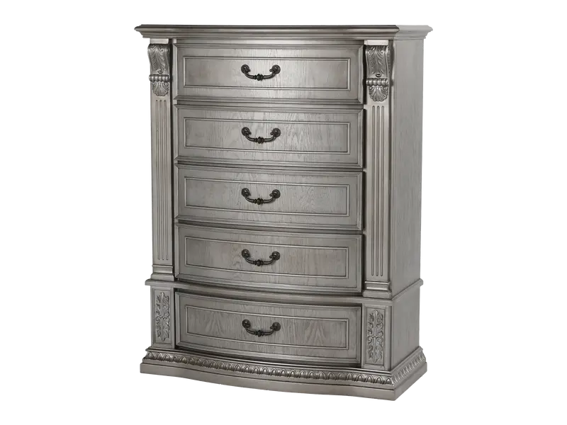 Platinum Ornate Carved Wooden 5-Drawer Chest of Drawers