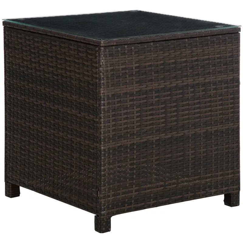 Rattan-Style Patio Side Table – Tempered Glass Top with Sturdy Brown Steel Frame for Outdoor Use