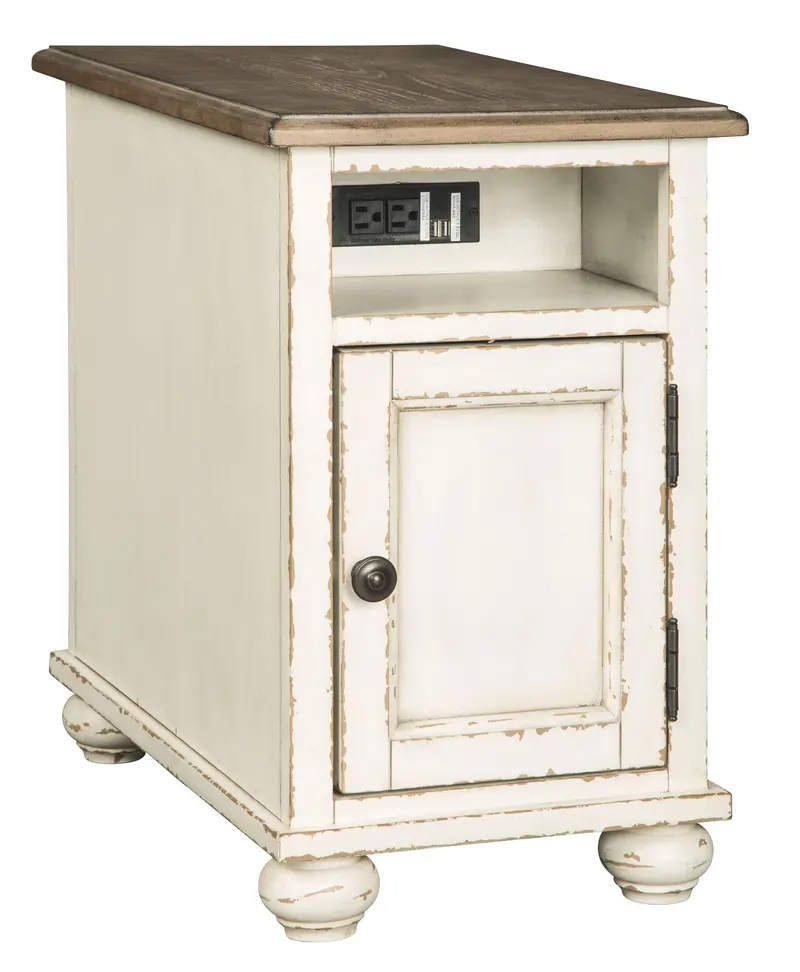 Realyn Smart End Table – Built-in AC and USB Ports, White/Brown Design