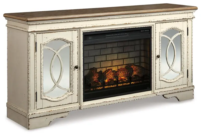 Realyn Two-Piece Chipped-White TV Stand Set – 74″ Infrared Fireplace Console