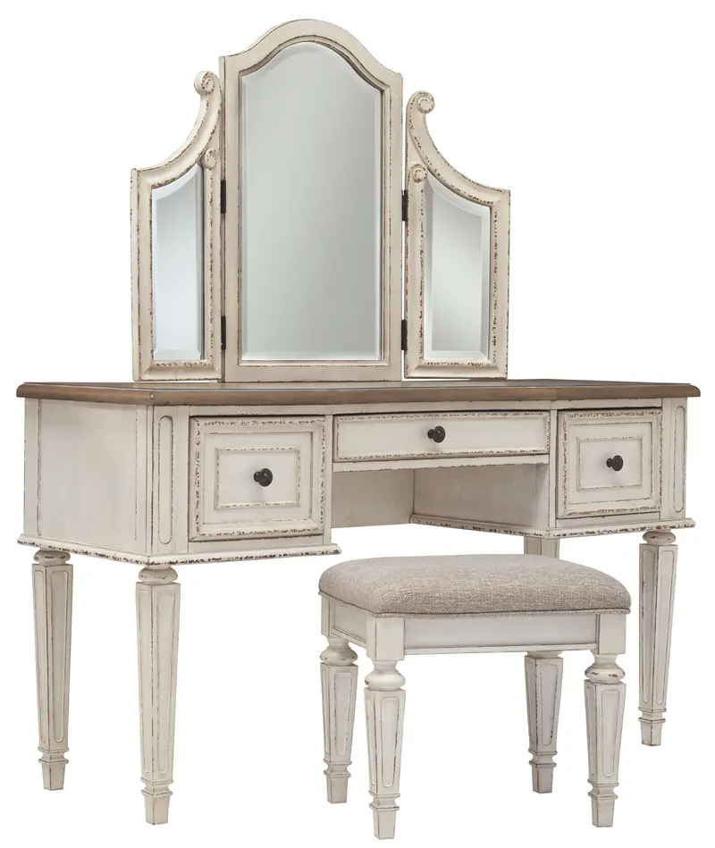 Realyn Vanity Set – Mirror, Stool, and Dressing Table Trio (White/Brown/Beige)