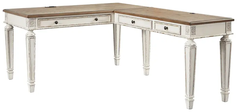 Realyn White & Brown L-Shaped Home Office Desk – Space-Saving Workstation