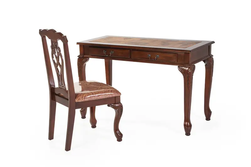 Retro-Inspired Map-Adorned Writing Desk and Matching Chair Set – Cherry Finish
