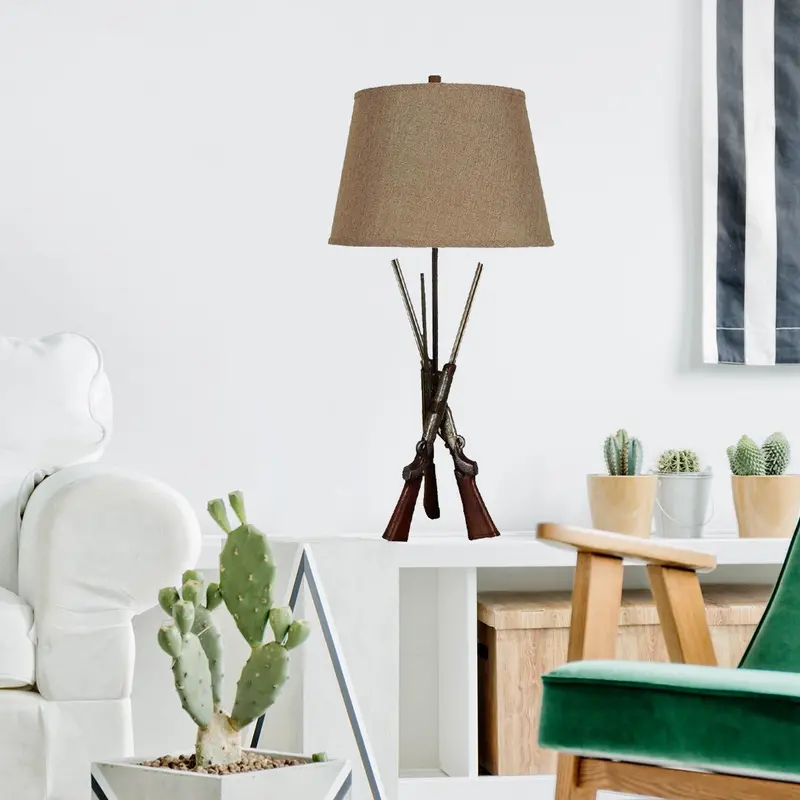 Rifle-Shaped Table Lamp Pair in Silver and Reclaimed Wood