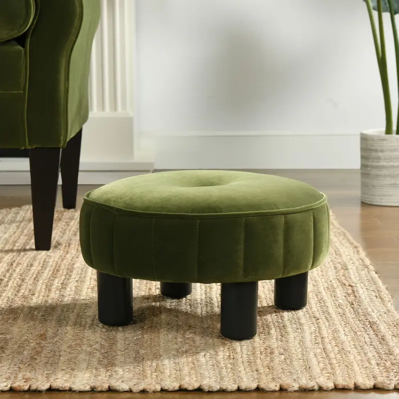 Riley Round Footstool Ottoman in Rich Olive Green Fabric