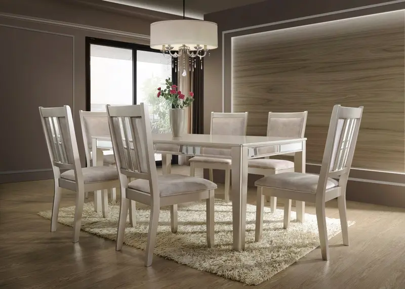Rose Gold Seven-Piece Dining Set: Mirror-Inlaid Table and Upholstered Chairs