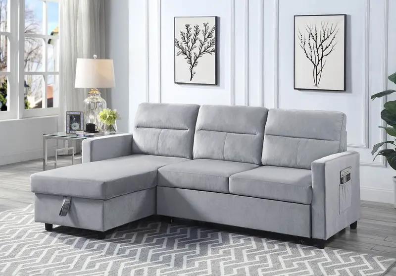 Ruby Reversible Light Gray Sectional Sleeper Sofa with Storage Chaise and Side Pocket