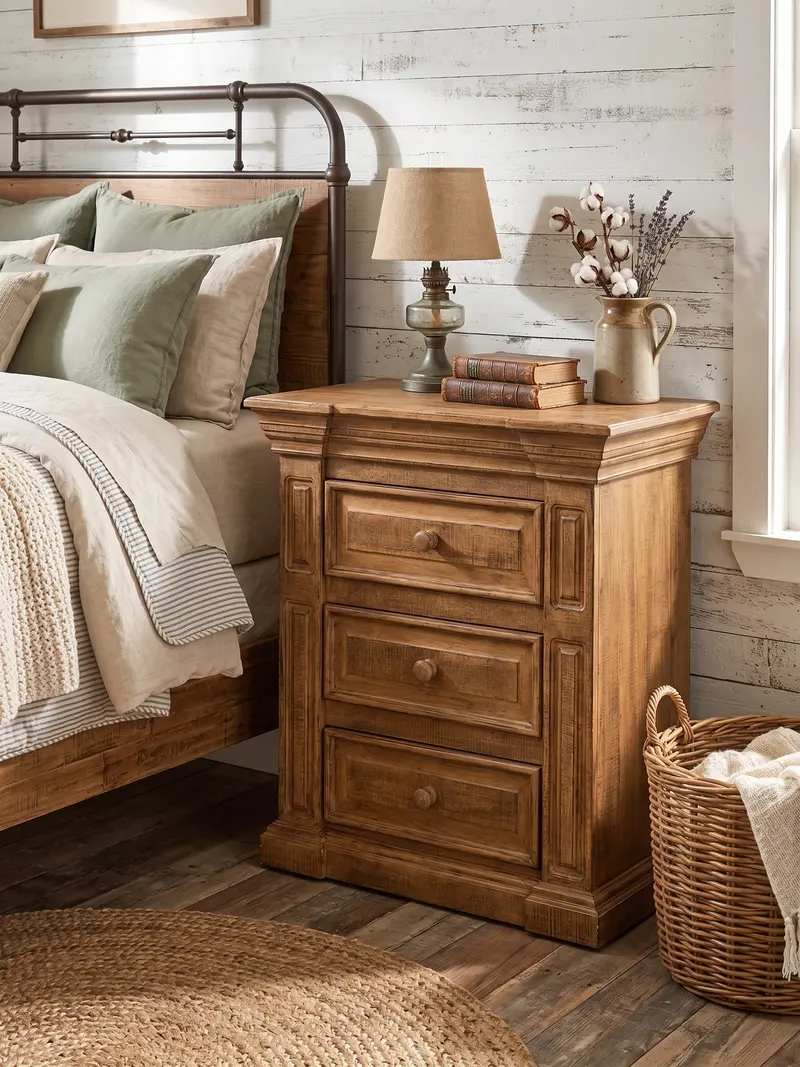 Rustic Carved-Panel Nightstand in Natural Solid Wood