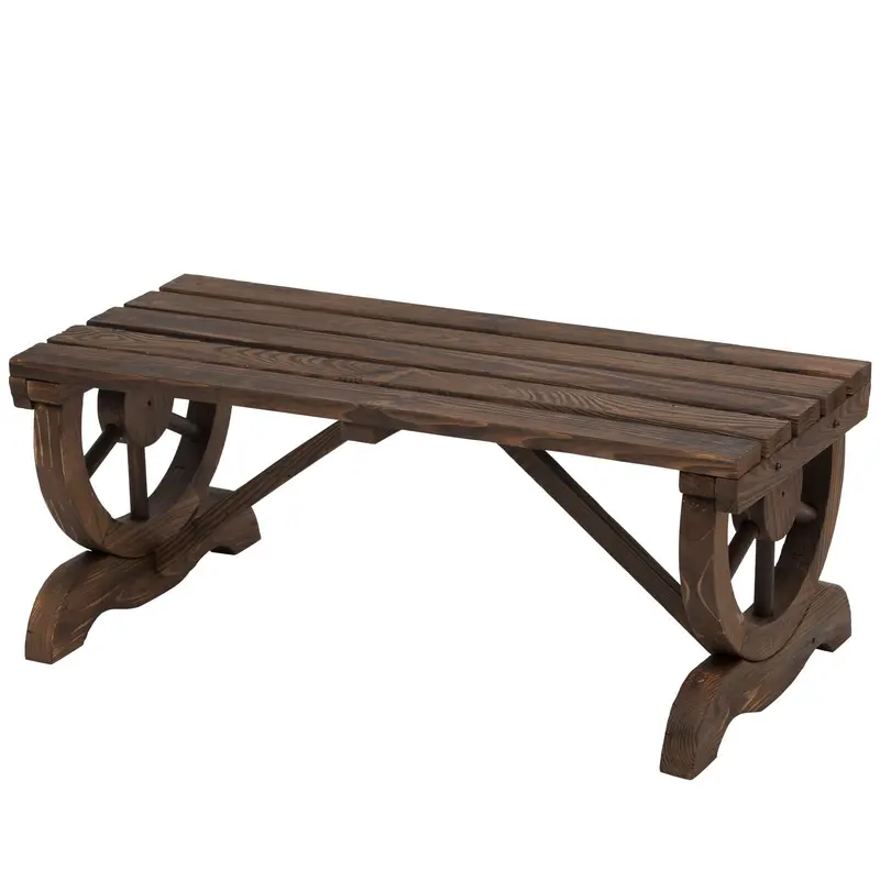 Rustic Two-Person Wooden Garden Bench – Wheel-Inspired Legs, Slatted Solid Wood Seat, Sturdy Brown Finish