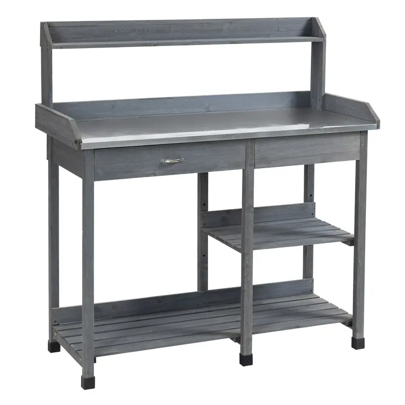 Rustic Wooden Garden Potting Table with Metal Worktop Surface