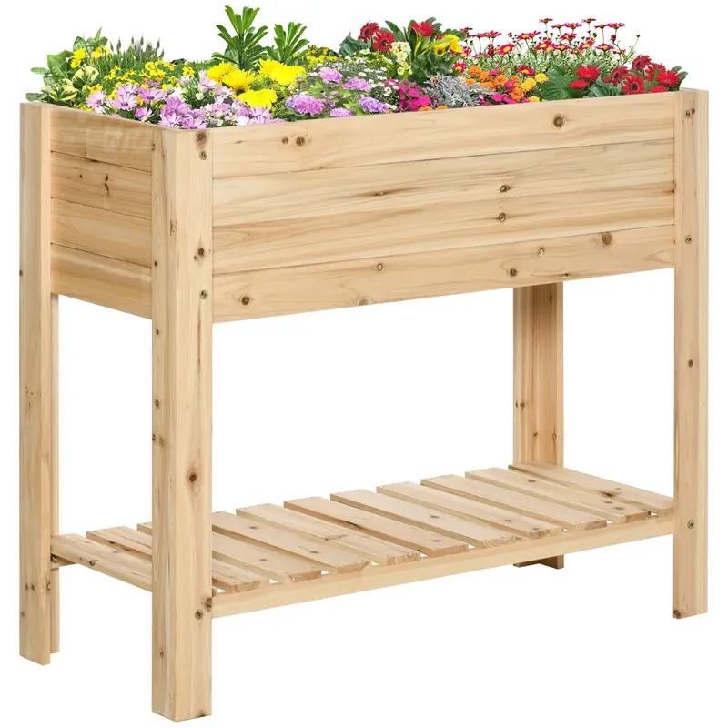 Rustic Wooden Raised Plant Stand – 100 x 40 x 84 cm Flower Bed Box with Clapboard Design