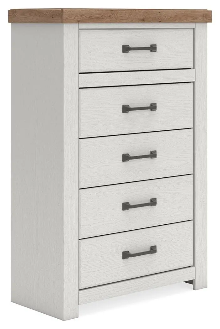 Savonport Five-Drawer Chest – Two-Tone White and Brown Finish