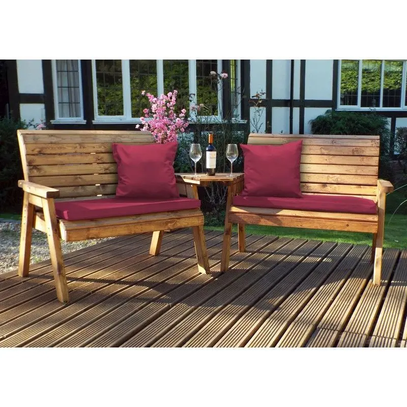 Scandinavian Redwood Four-Person Tête-à-Tête Garden Seat with Burgundy Cushions by Charles Taylor