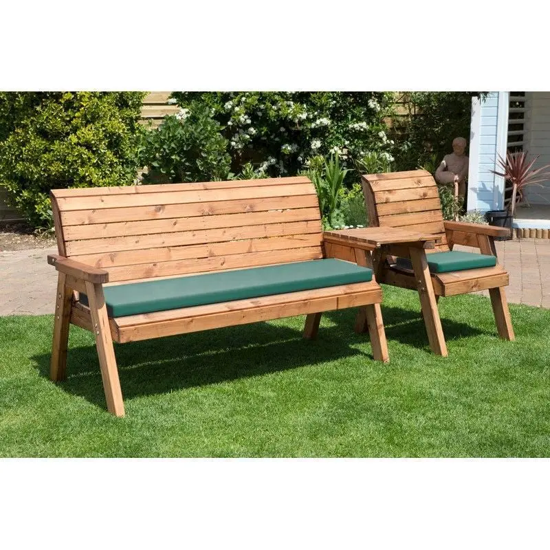 Scandinavian Redwood Four-Person Tête-à-Tête Garden Seat with Green Cushions by Charles Taylor