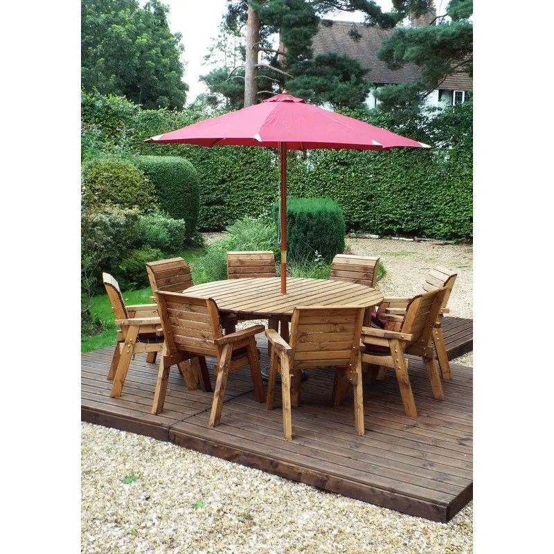 Scandinavian Redwood Garden Furniture Set – 8-Seat Outdoor Lounge Set with Burgundy Cushions by Charles Taylor