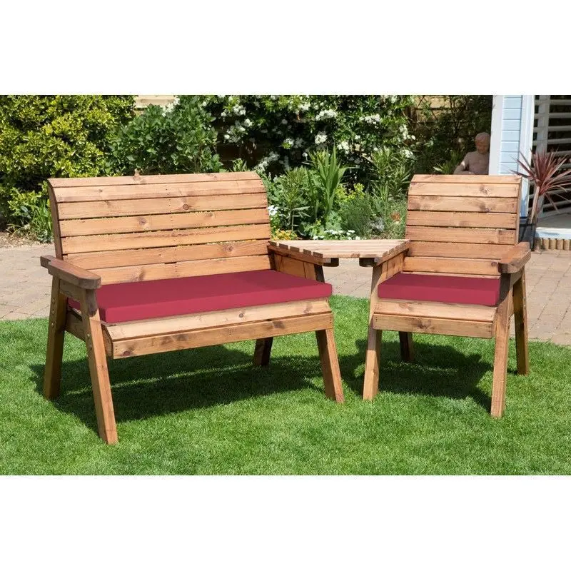 Scandinavian Redwood Garden Tete-a-Tete – 3-Seat Outdoor Bench with Burgundy Cushions by Charles Taylor