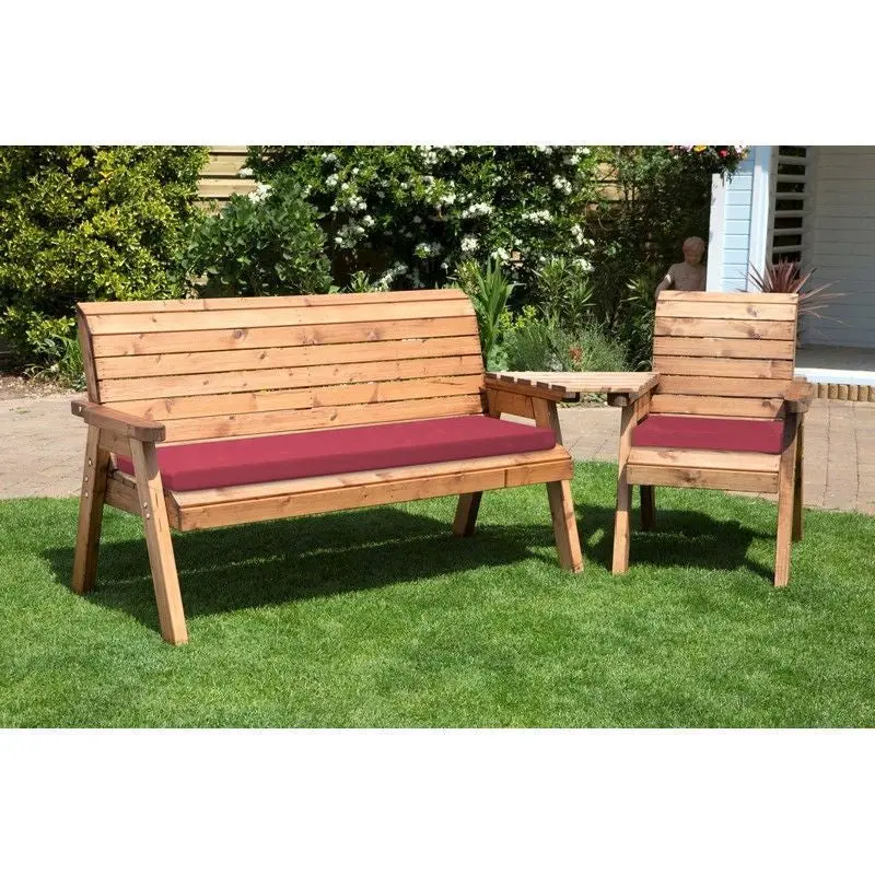 Scandinavian Redwood Quad-Seat Tête-à-Tête Garden Bench with Burgundy Cushions by Charles Taylor