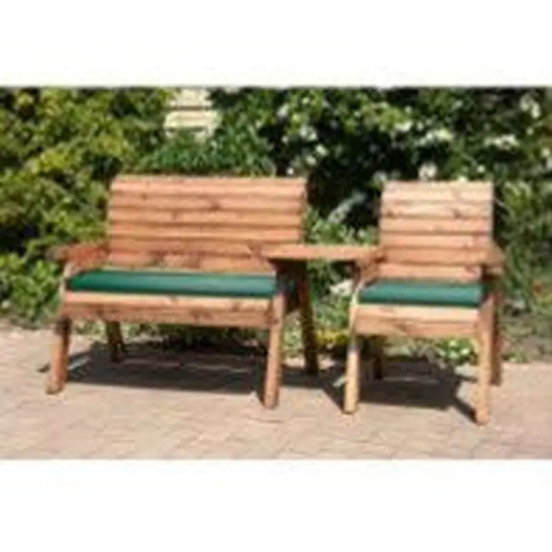 Scandinavian Redwood Triple-Seat Tête-à-Tête Garden Bench with Green Cushions by Charles Taylor
