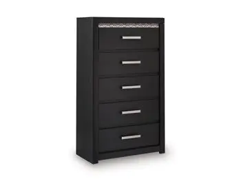 Shoralli Five-Drawer Black Chest for Compact Bedrooms