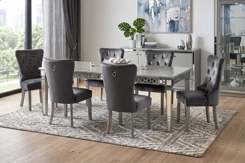 Silver Glam Extendable 7-Piece Dining Set with Grey Velvet Tufted Seating