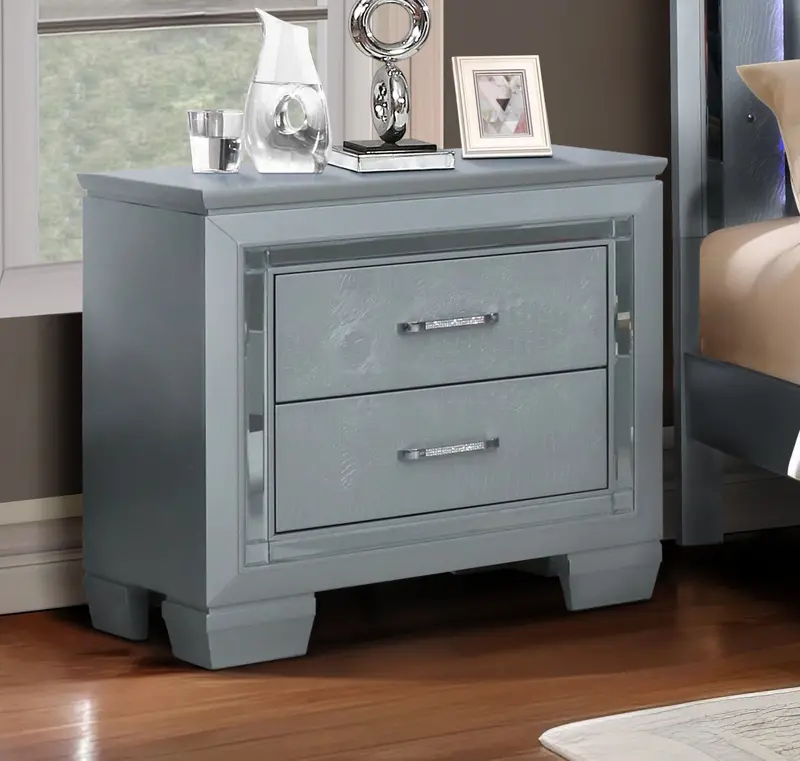 Silver Glam Nightstand with Crocodile-Texture Drawers and USB Port