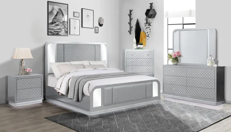 Silver LED-Embedded Checkered 2-Drawer Nightstand with USB Charging Port
