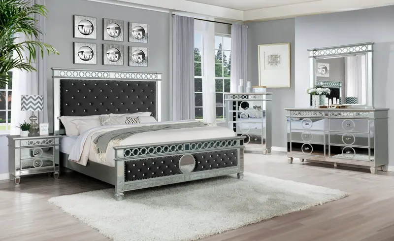 Six-Piece King Bedroom Ensemble Featuring Mirrored Accents and Deep-Tufted Fabric