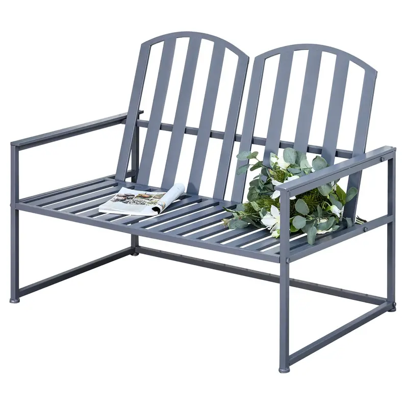 Slatted Steel Outdoor Garden Bench – Grey Patio Loveseat for Yard or Park