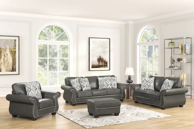 Smoke Grey Top-Grain Leather Living Room Collection: Sofa, Loveseat, Accent Chair & Ottoman