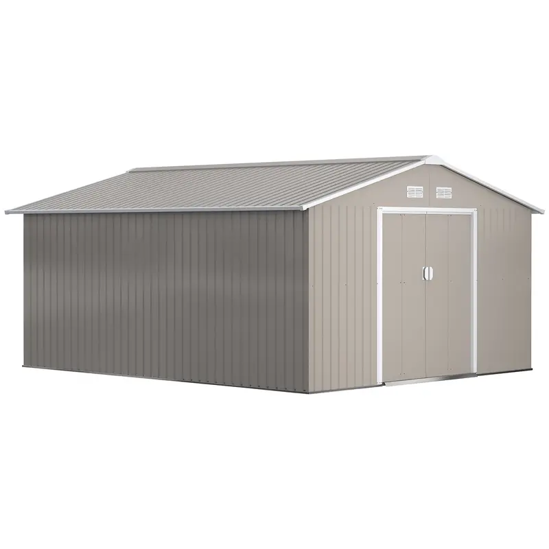 Spacious Steadfast 13′ x 11′ Sliding-Door Apex Shed – Light Grey Galvanised Steel