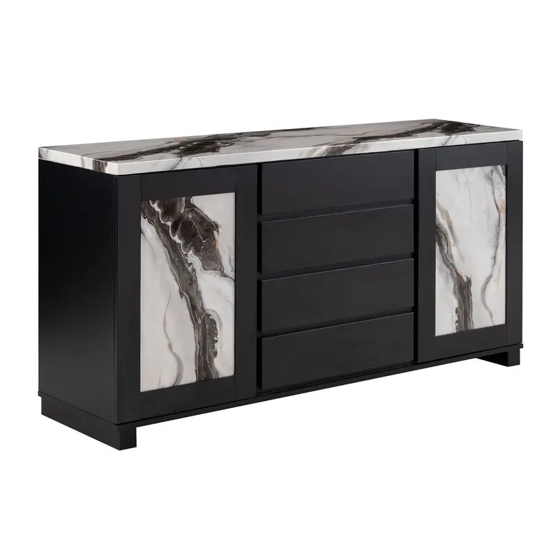 Stacey Buffet Cabinet with Storage Drawers and Black-and-Marble Finish
