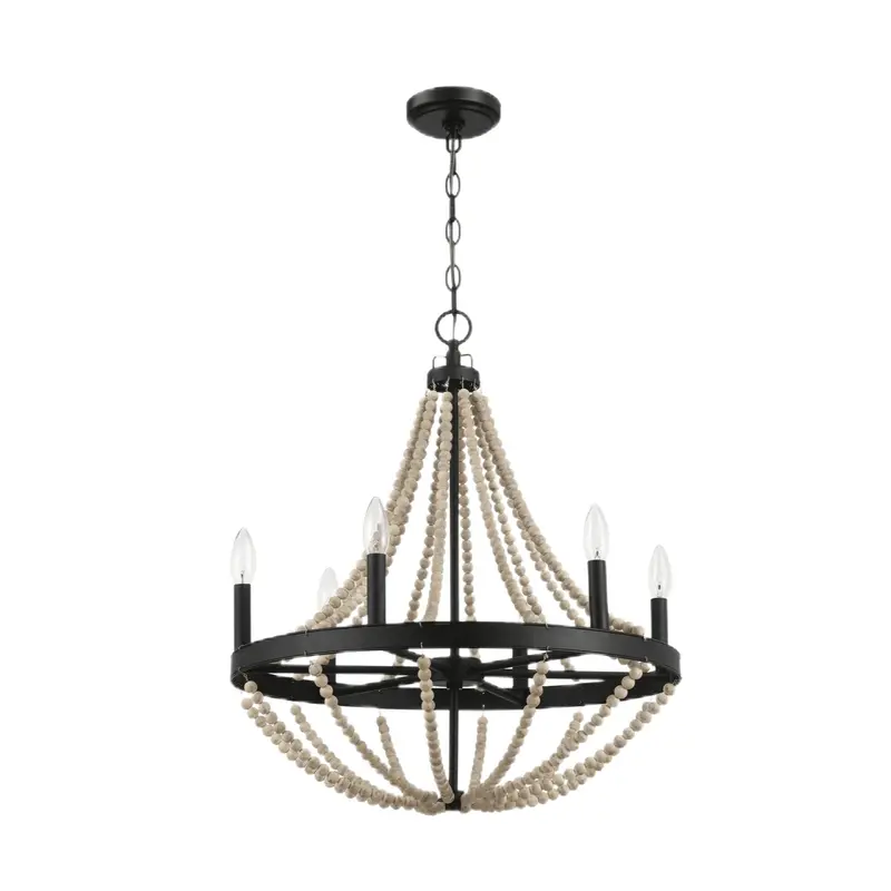 Starry Six-Light Beaded Pendant – Black Wood and Clear Glass Chandelier for Dining Areas
