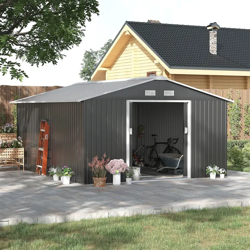 Steadfast 13′ x 11′ Sliding-Apex Garden Shed – Grey Galvanised Steel with Ventilation