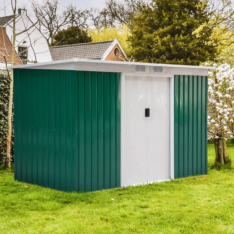 Steadfast Corrugated Steel Pent Garden Shed – 9′ x 4′, Double Door, Ventilated, Green