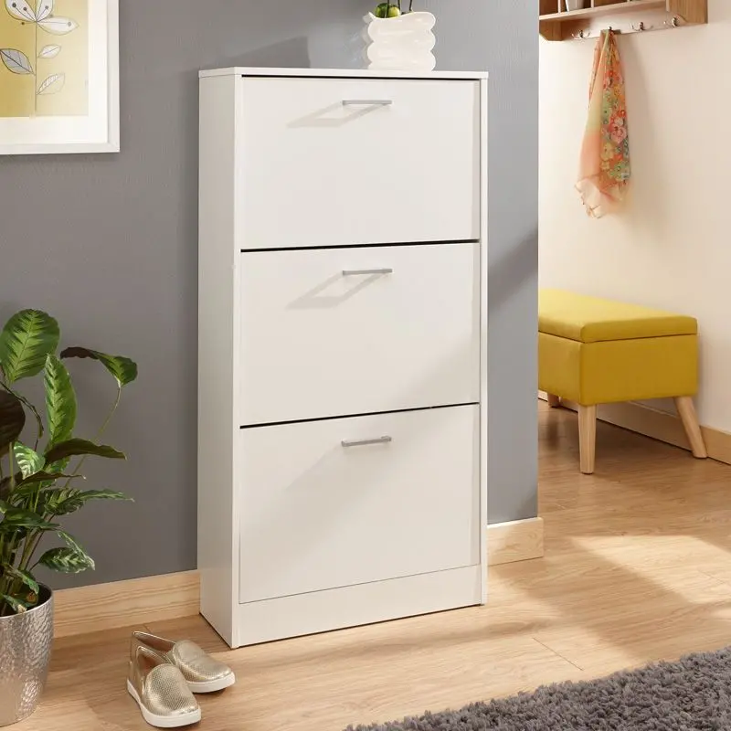 Stirling Minimalist White Tall Shoe Storage Unit with Three Doors and Shelves