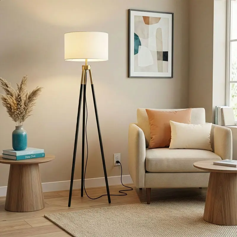 Sway Triple-Leg Floor Lamp with On/Off Switch – Black, Gold & White