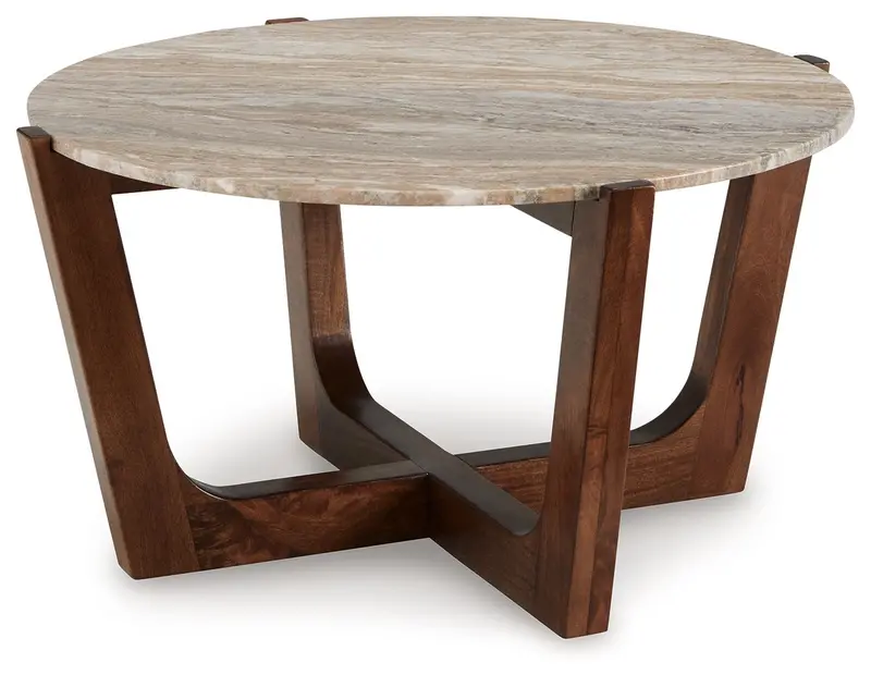 Tanidore Warm Brown Round Cocktail Table with Modern Design