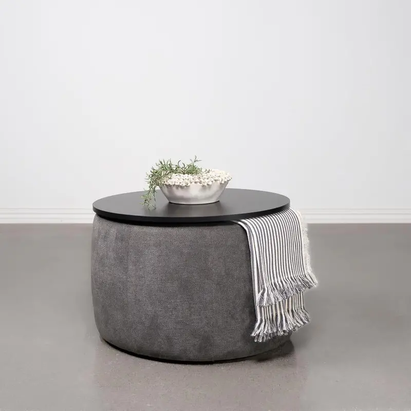 Tesoro Grey Round Lift-Top Upholstered Ottoman with Storage