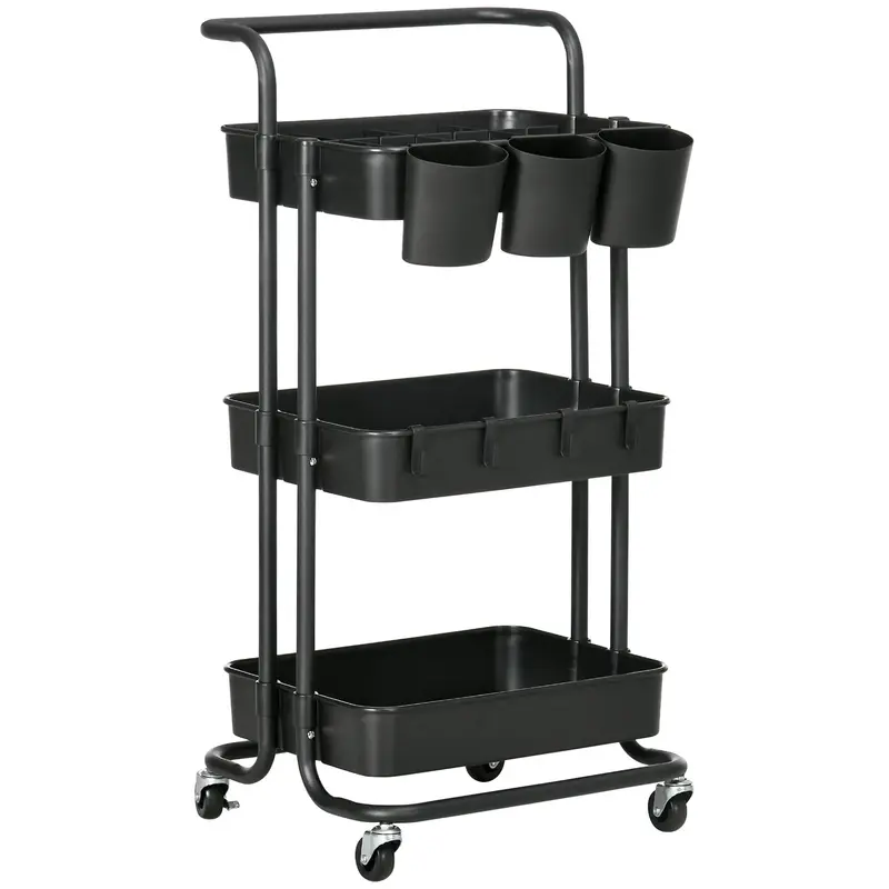 Three-Tier Rolling Utility Cart with Adjustable Shelves
